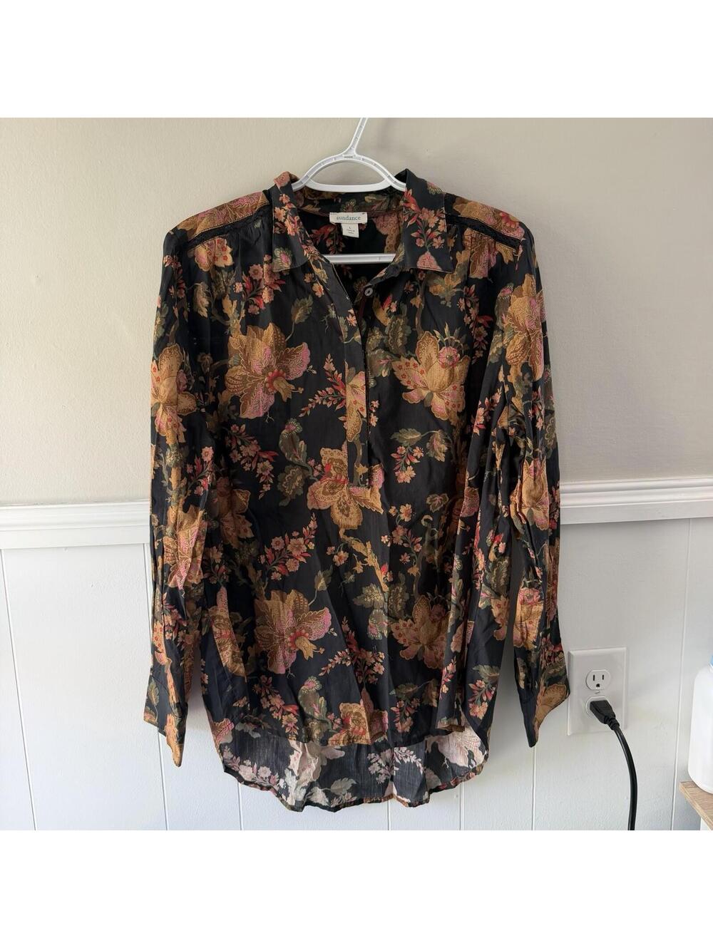 Sundance 100% Cotton Orange/Brown Floral Hi-Low 1/4 Button Up Blouse Sz L